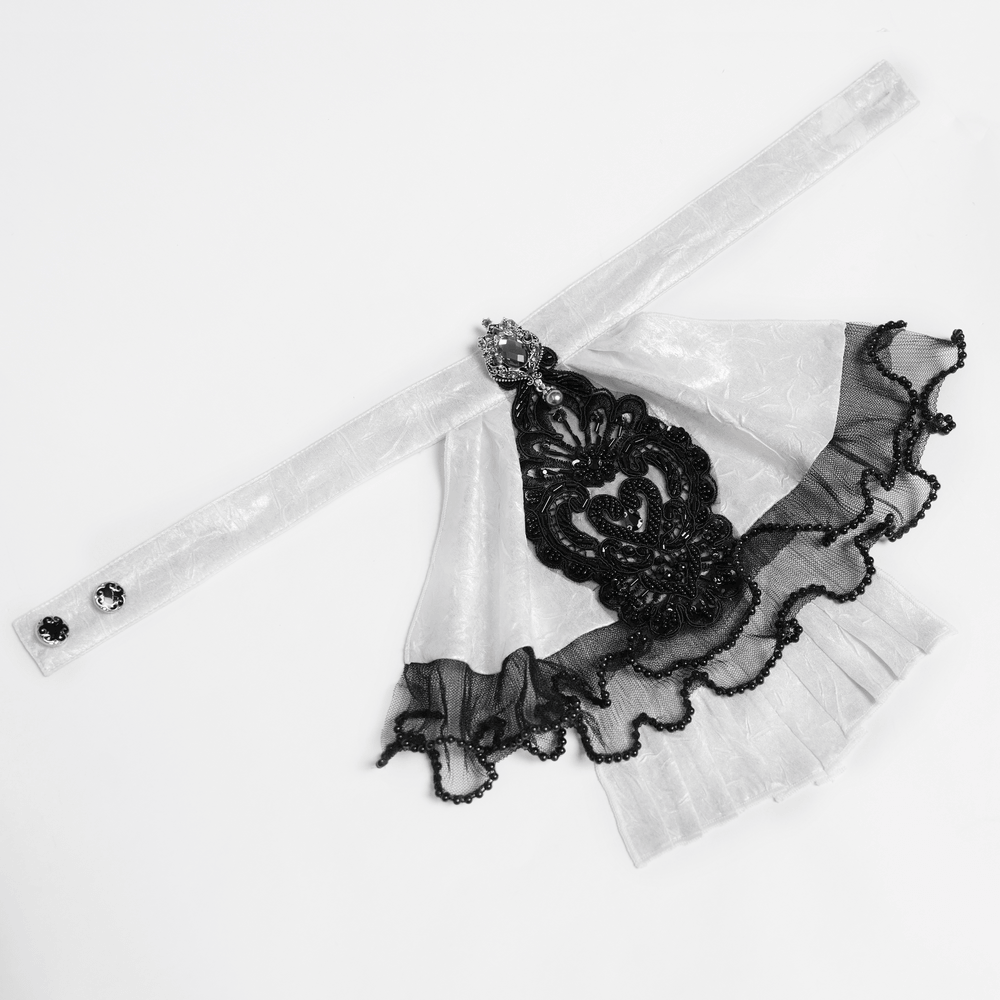 White Victorian Gothic Shirt with Black Lace Jabot Trim
