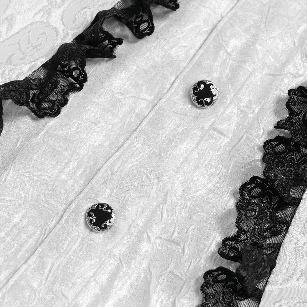 White Victorian Gothic Shirt with Black Lace Jabot Trim