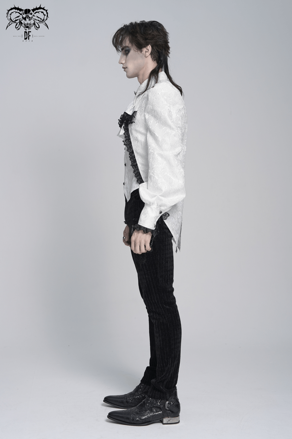 White Victorian Gothic Shirt with Black Lace Jabot Trim
