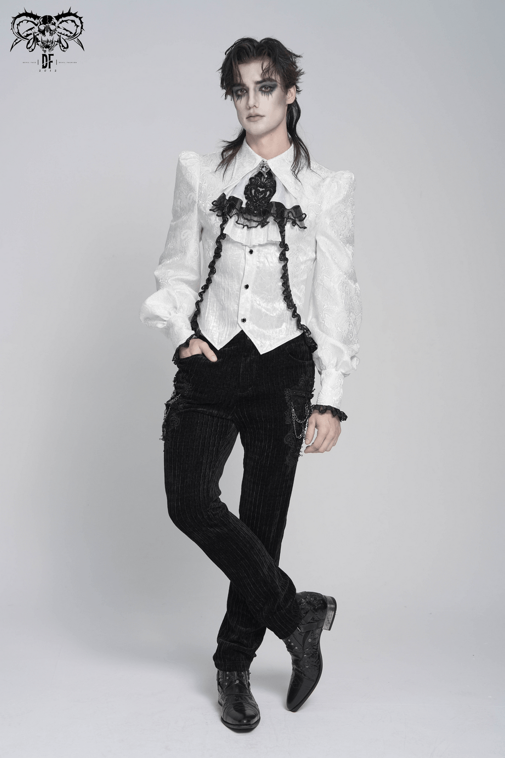 White Victorian Gothic Shirt with Black Lace Jabot Trim