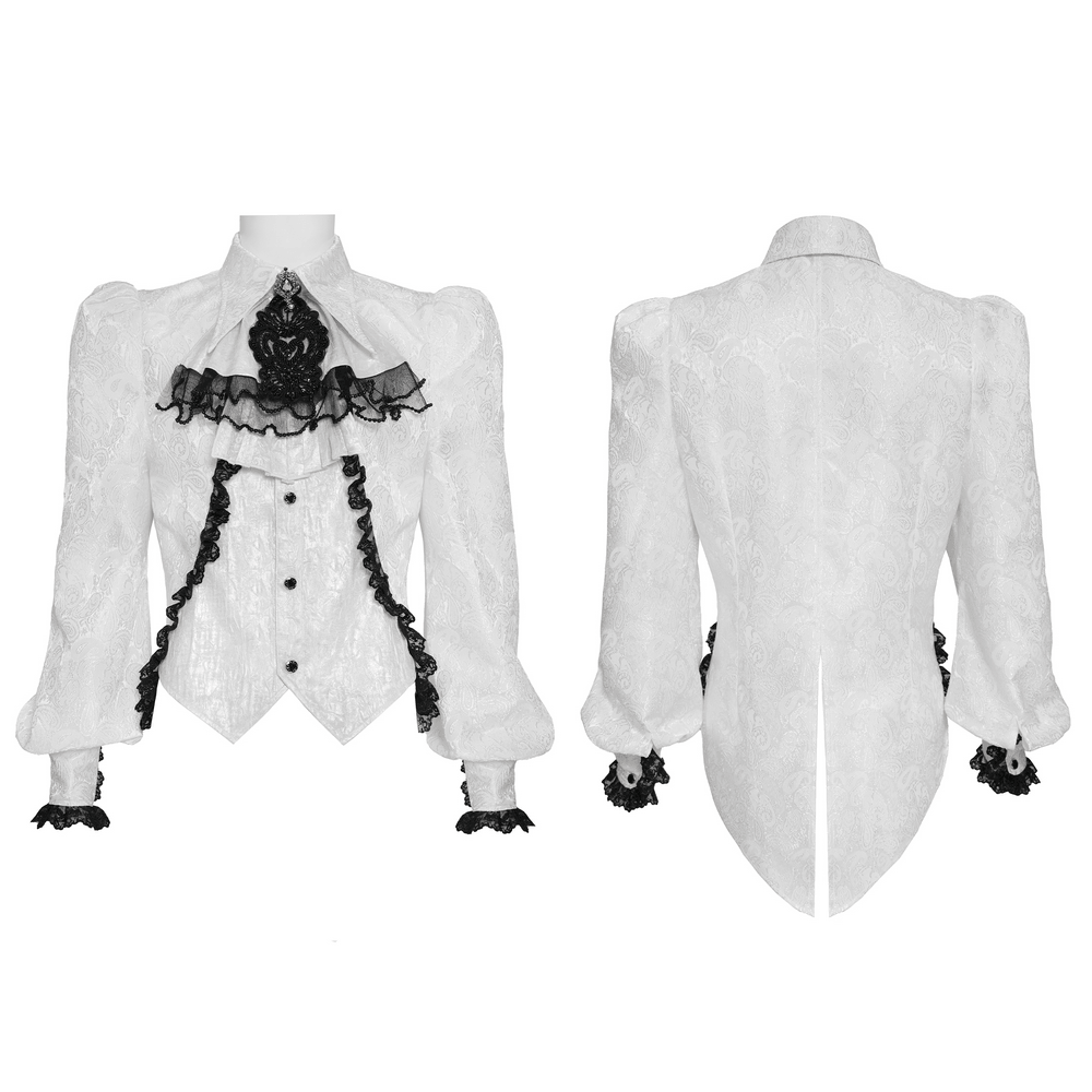 White Victorian Gothic Shirt with Black Lace Jabot Trim