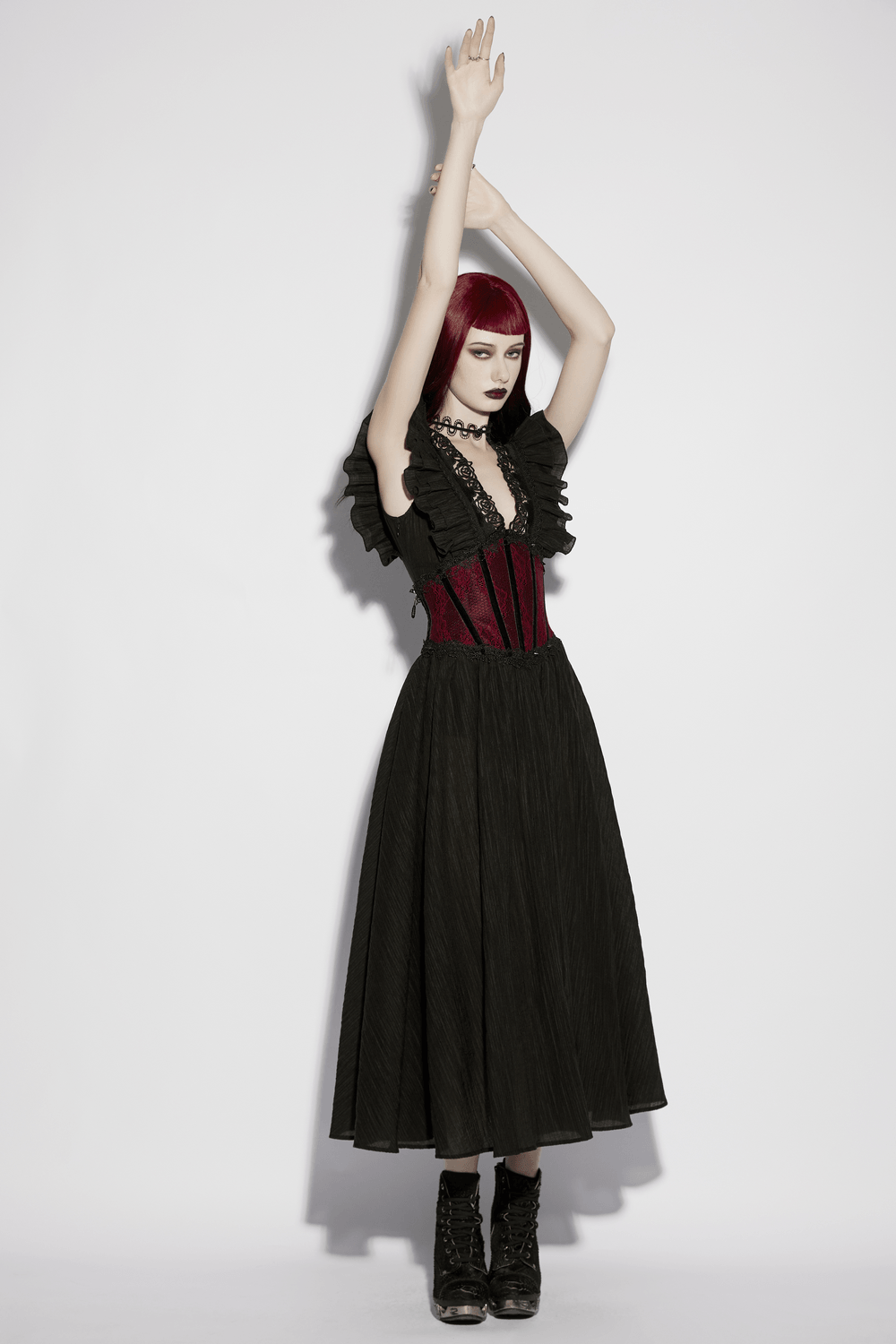 Wine Red Black Lace Up Gothic Waist Cincher Corset