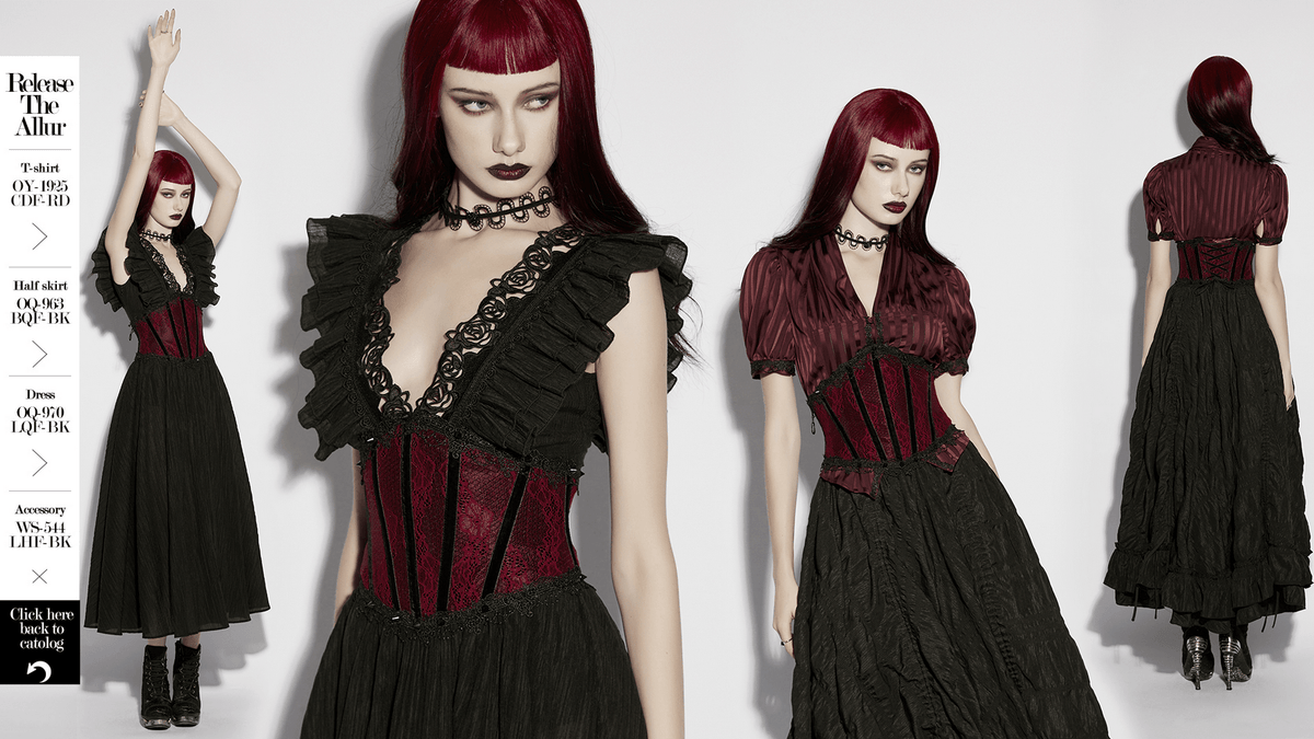 Wine Red Black Lace Up Gothic Waist Cincher Corset