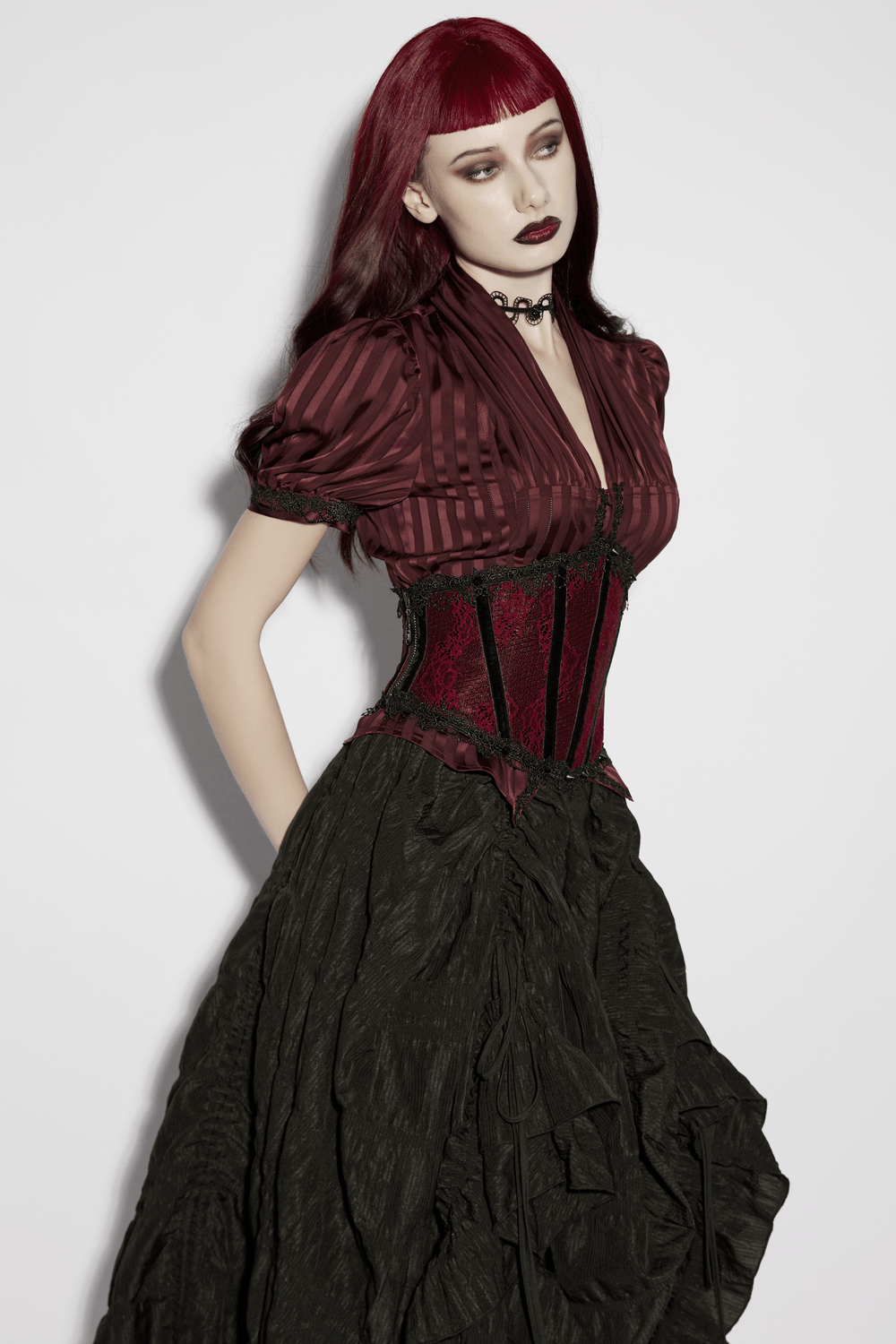 Wine Red Black Lace Up Gothic Waist Cincher Corset