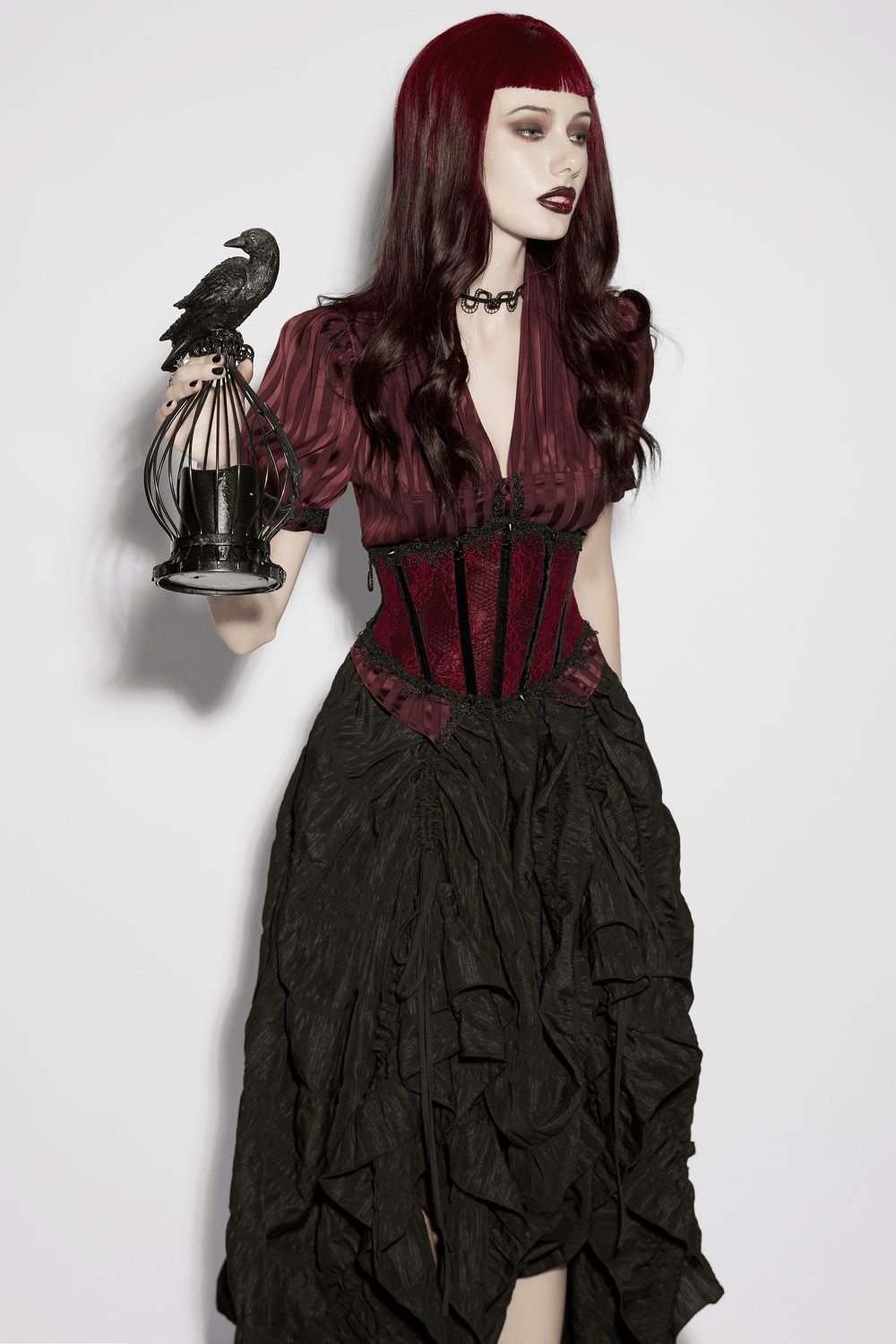 Wine Red Black Lace Up Gothic Waist Cincher Corset