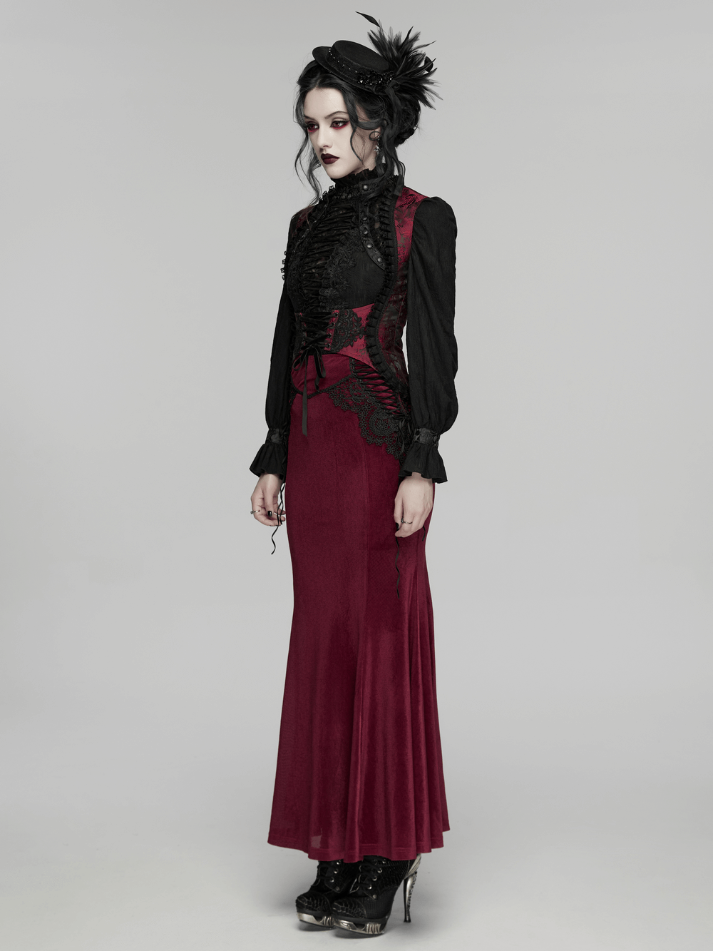 Wine Red Gothic Lace Trim Corset Vest with Drawstrings