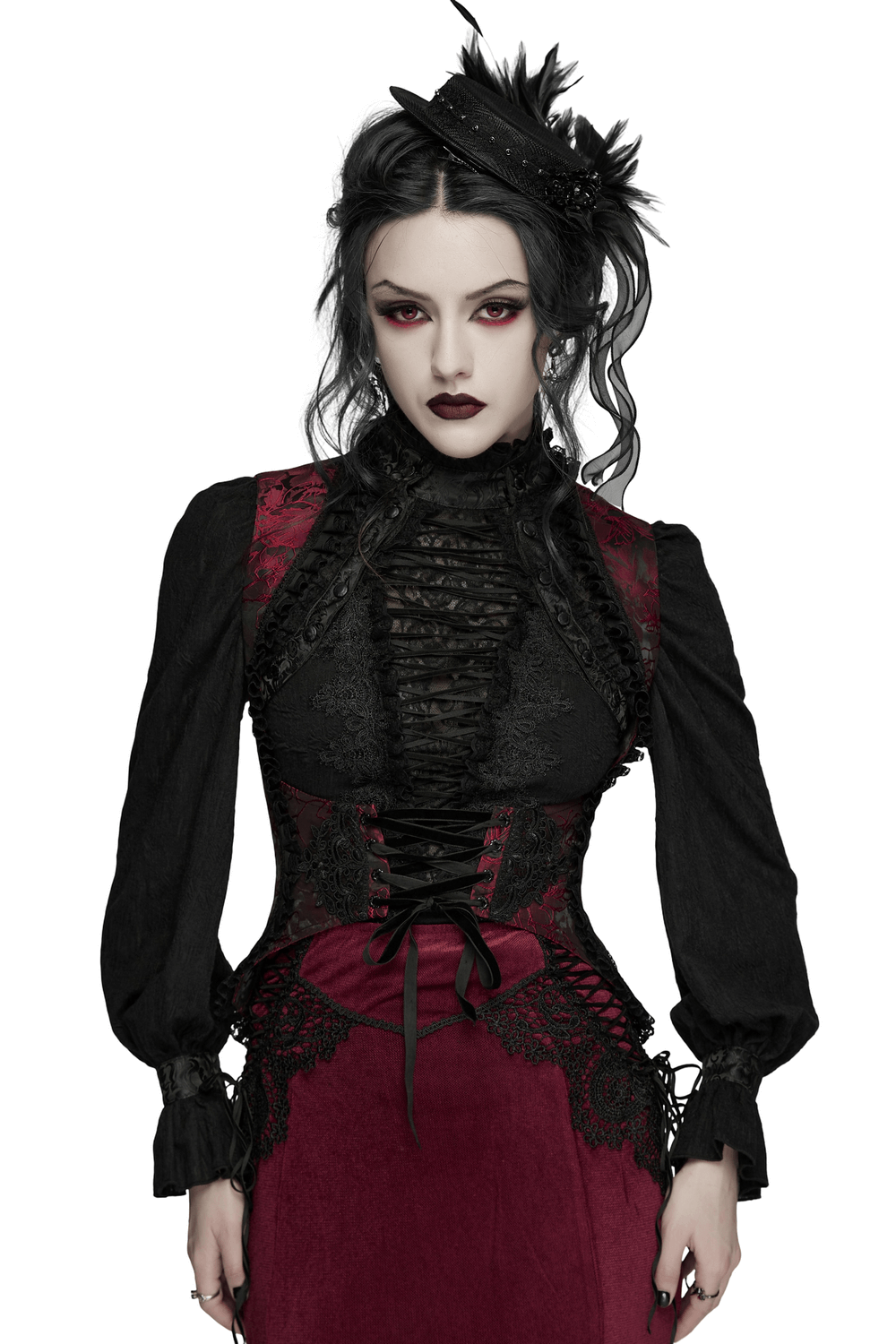 Wine Red Gothic Lace Trim Corset Vest with Drawstrings