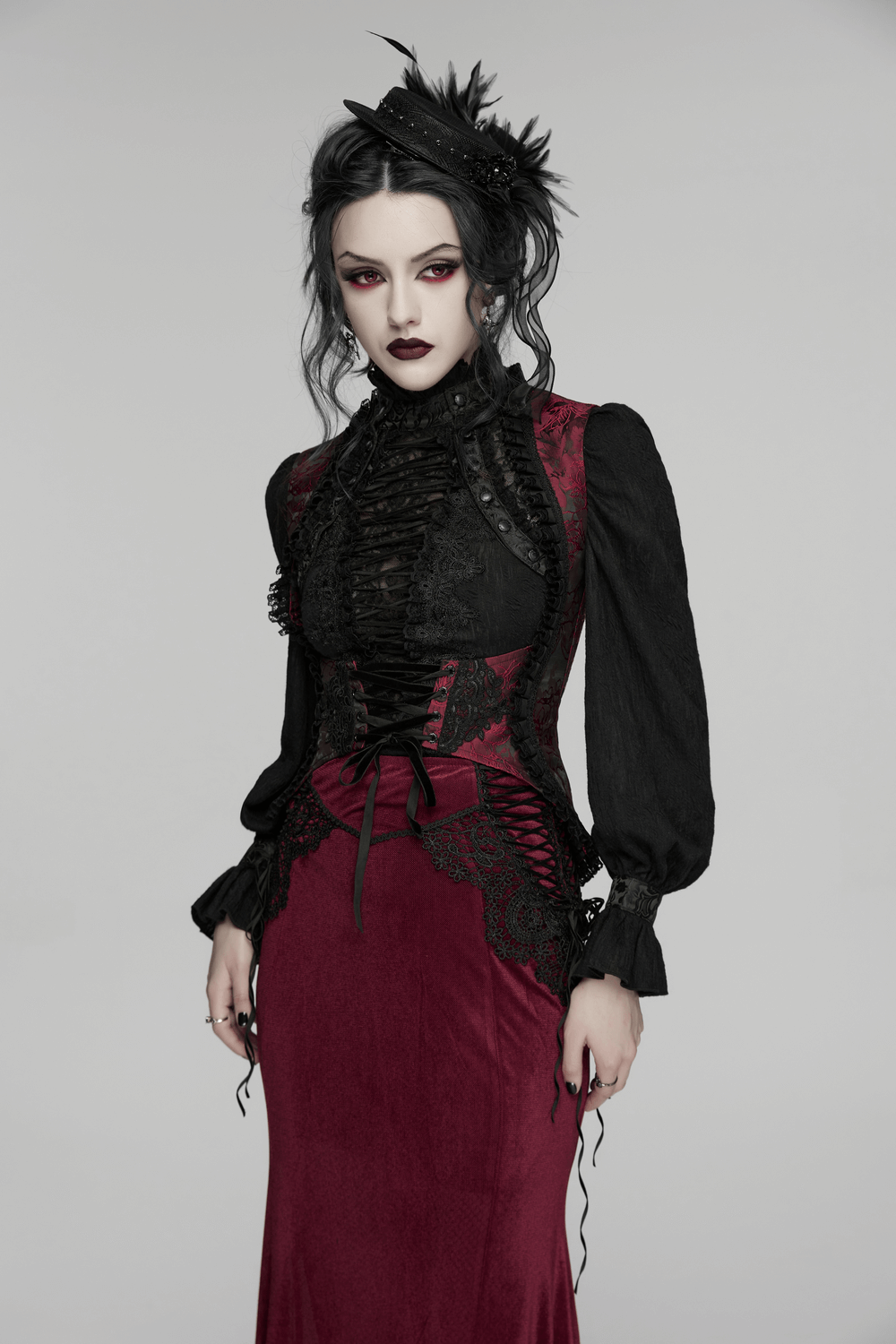 Wine Red Gothic Lace Trim Corset Vest with Drawstrings