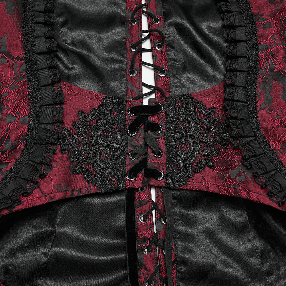 Wine Red Gothic Lace Trim Corset Vest with Drawstrings