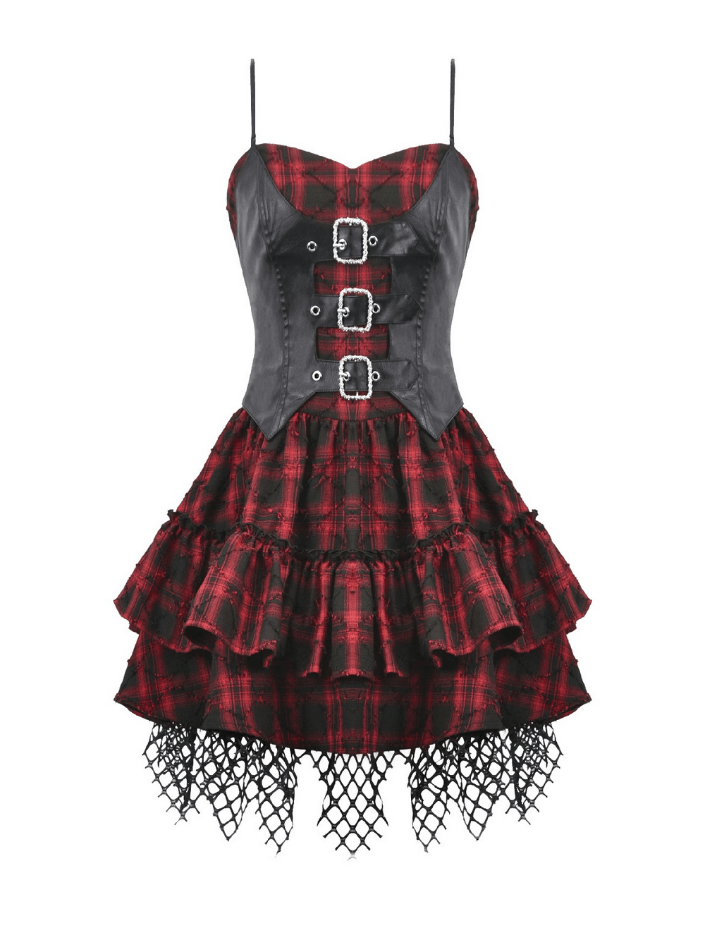 Wine Red Gothic Tartan Corset Mini Dress with Buckles