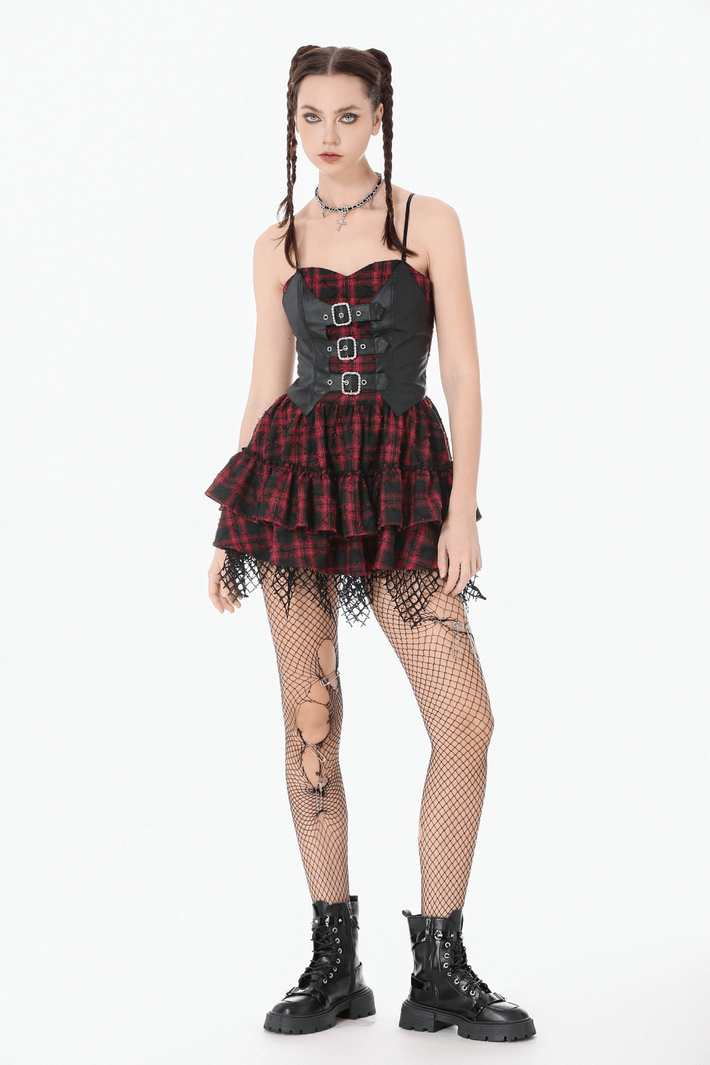 Wine Red Gothic Tartan Corset Mini Dress with Buckles