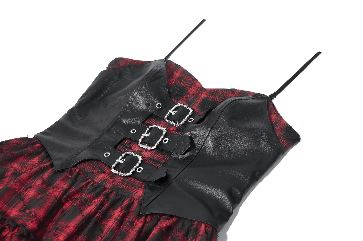 Wine Red Gothic Tartan Corset Mini Dress with Buckles