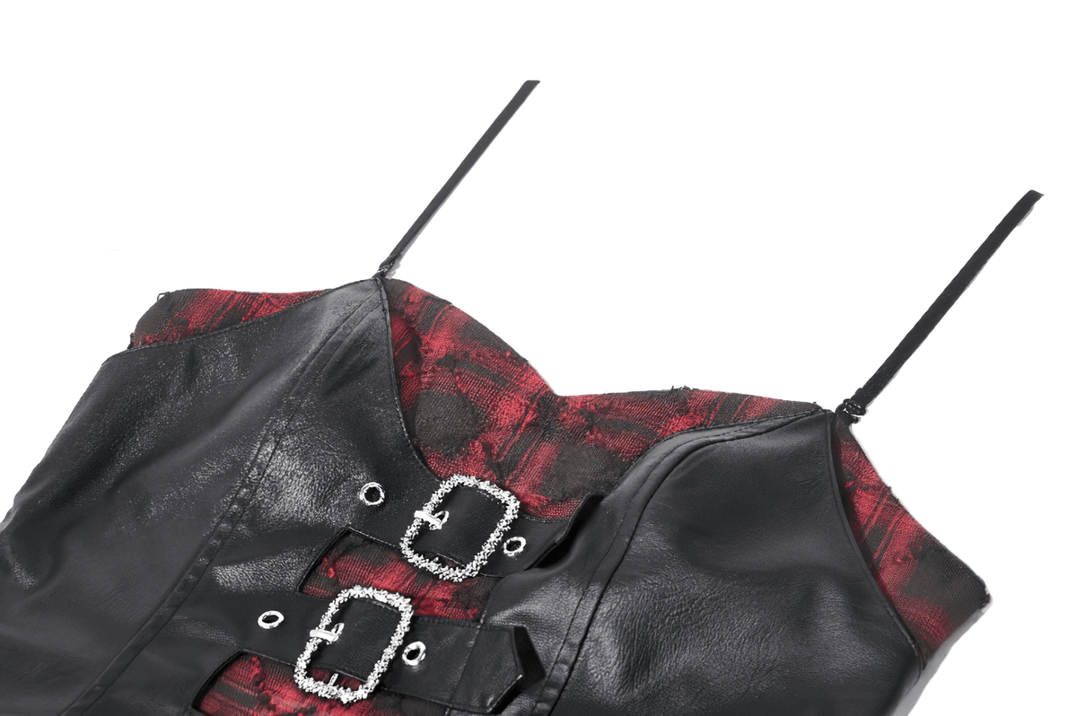 Wine Red Gothic Tartan Corset Mini Dress with Buckles