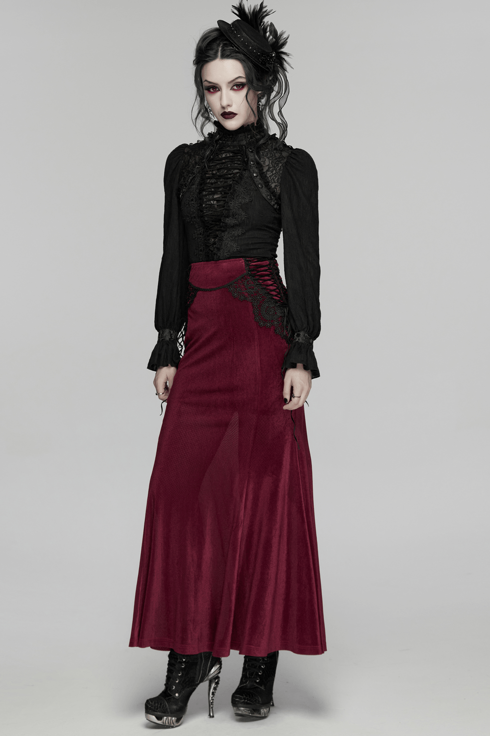 Wine Red Gothic Velvet Fishtail Skirt with Lace Details