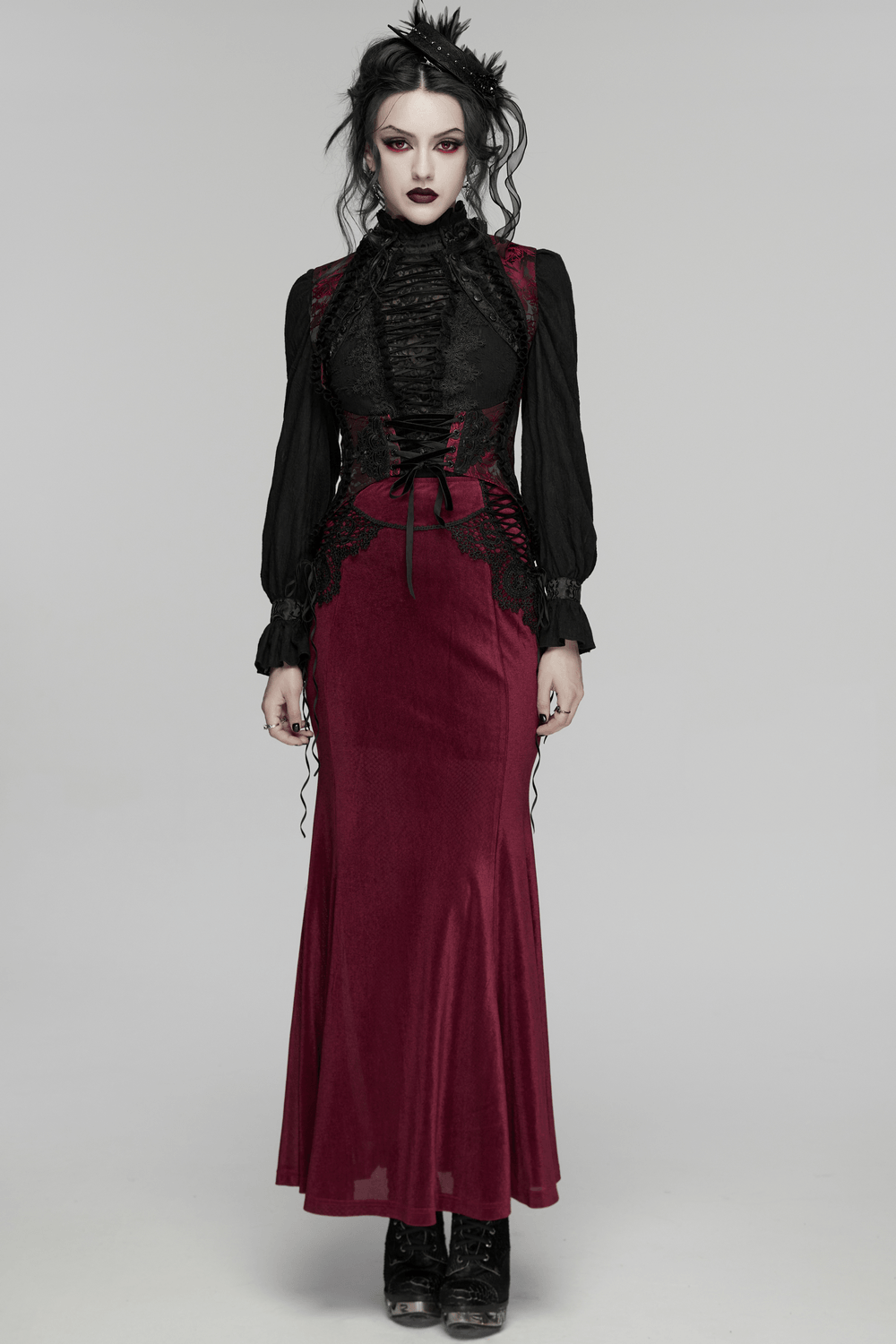 Wine Red Gothic Velvet Fishtail Skirt with Lace Details