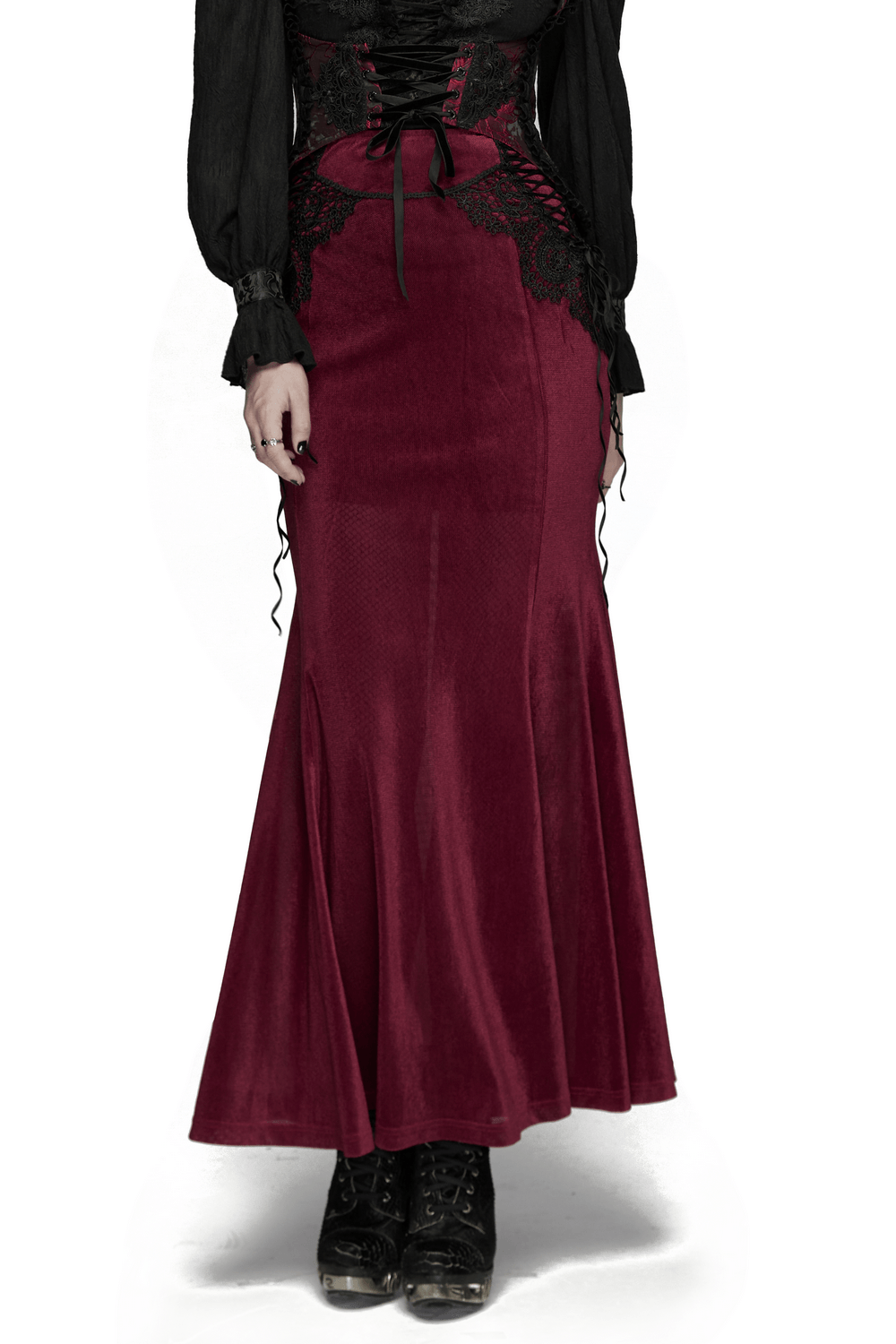 Wine Red Gothic Velvet Fishtail Skirt with Lace Details