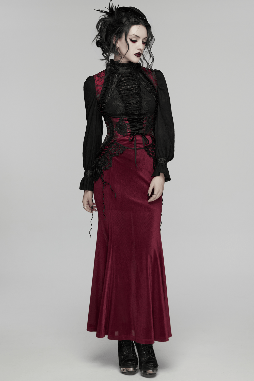 Wine Red Gothic Velvet Fishtail Skirt with Lace Details