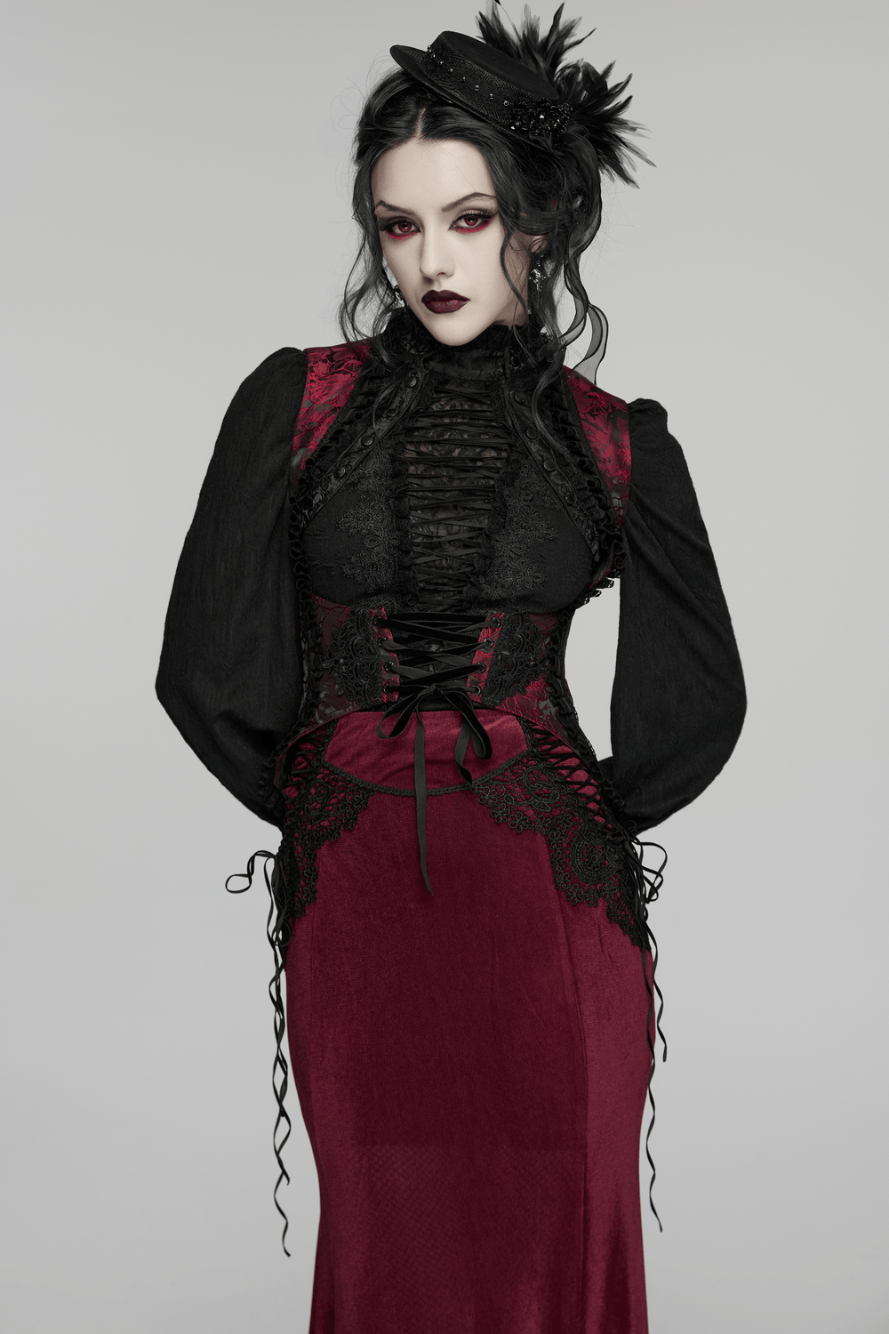 Wine Red Gothic Velvet Fishtail Skirt with Lace Details