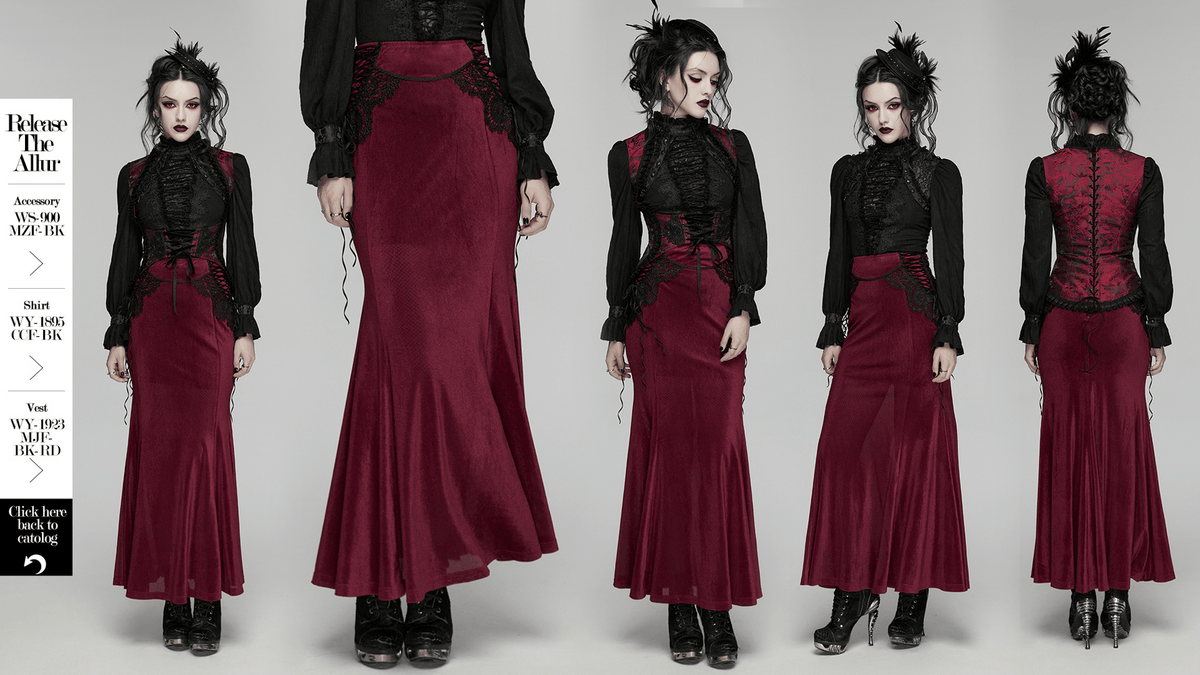 Wine Red Gothic Velvet Fishtail Skirt with Lace Details
