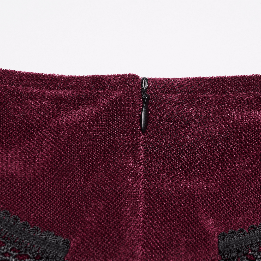Wine Red Gothic Velvet Fishtail Skirt with Lace Details