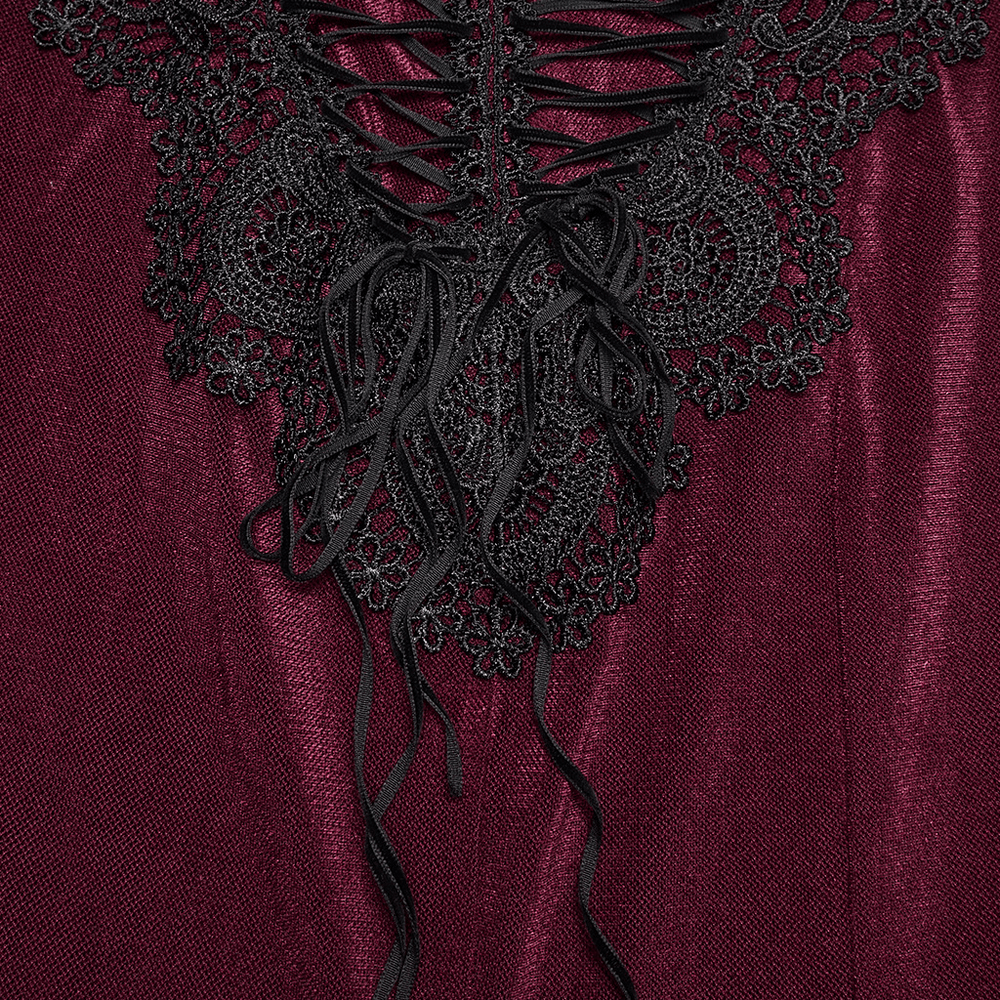 Wine Red Gothic Velvet Fishtail Skirt with Lace Details