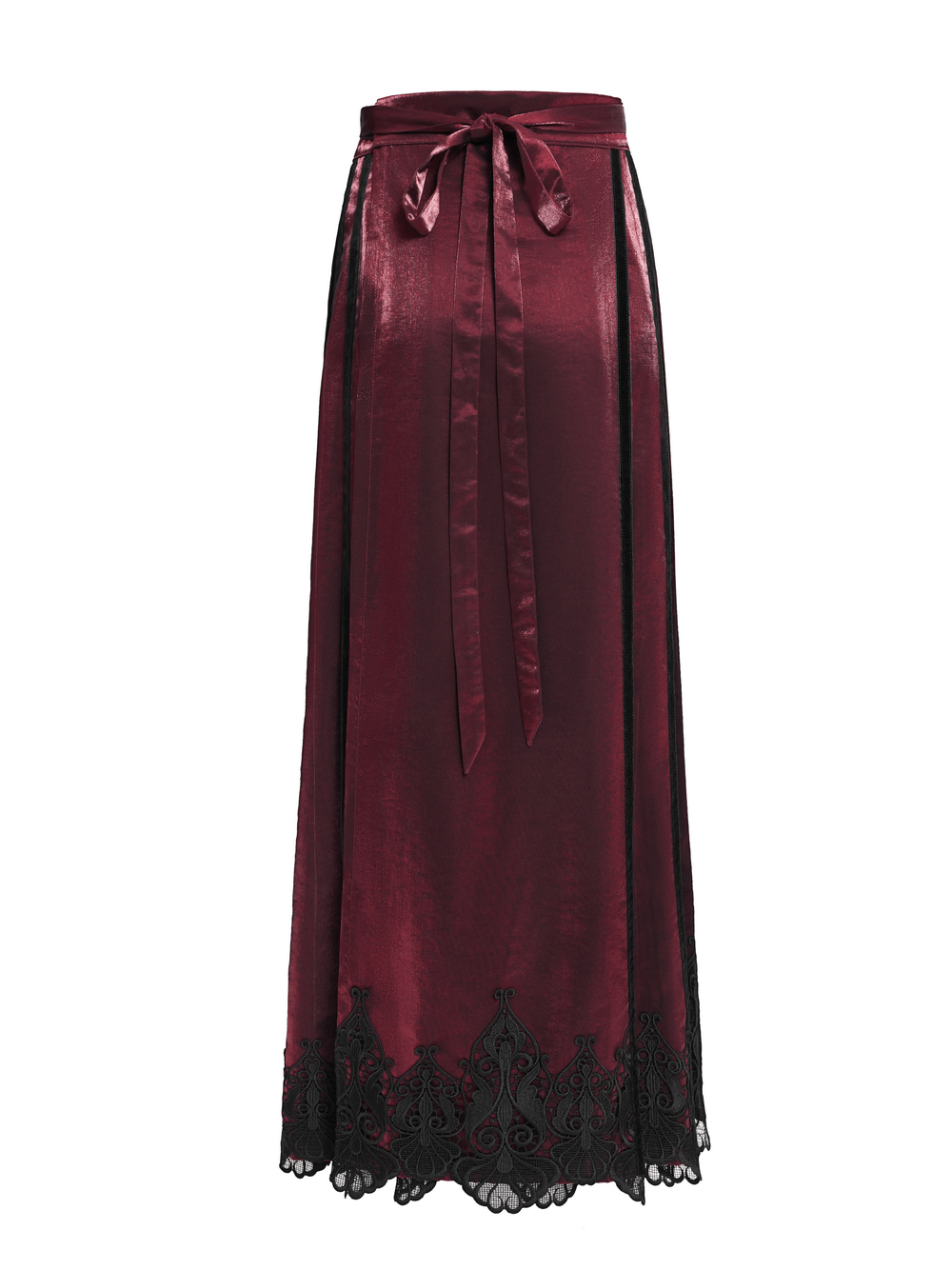 Wine Red Maxi Skirt with Black Lace Hem and Embroidery