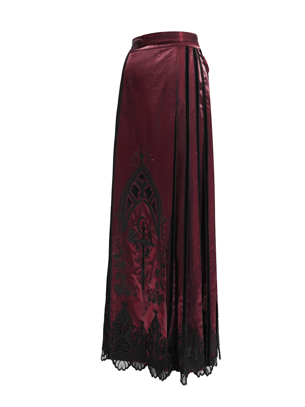 Wine Red Maxi Skirt with Black Lace Hem and Embroidery