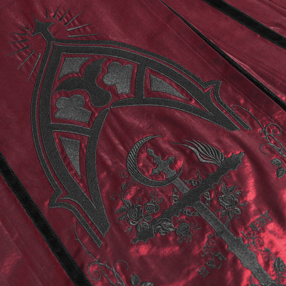 Wine Red Maxi Skirt with Black Lace Hem and Embroidery