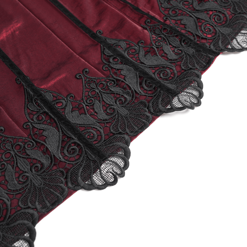 Wine Red Maxi Skirt with Black Lace Hem and Embroidery