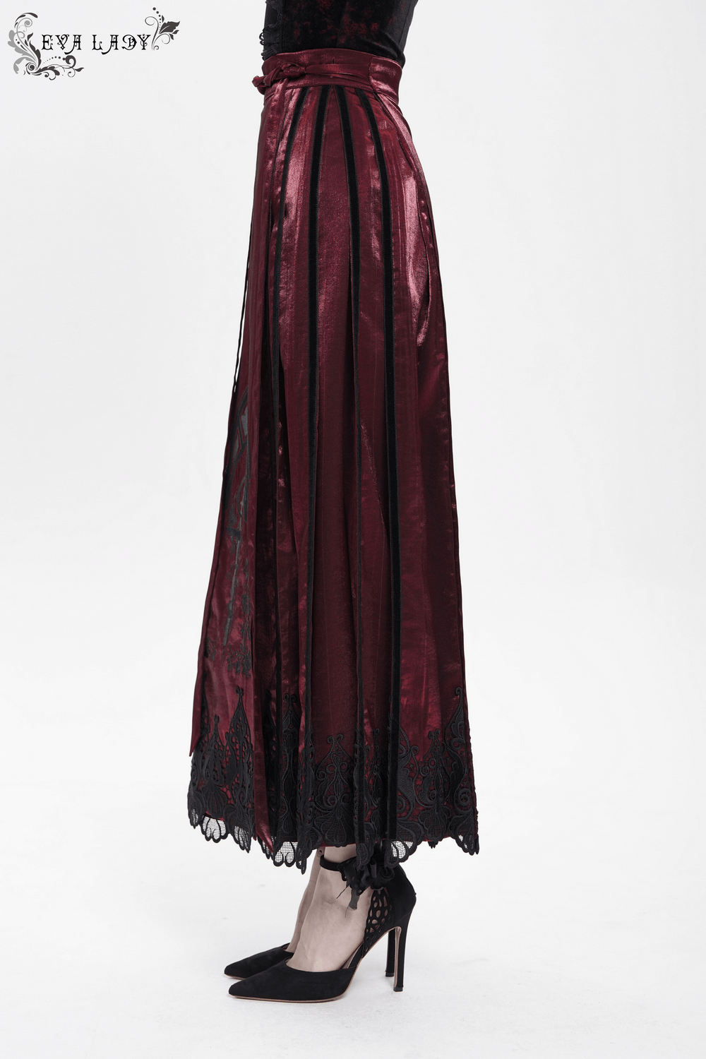 Wine Red Maxi Skirt with Black Lace Hem and Embroidery