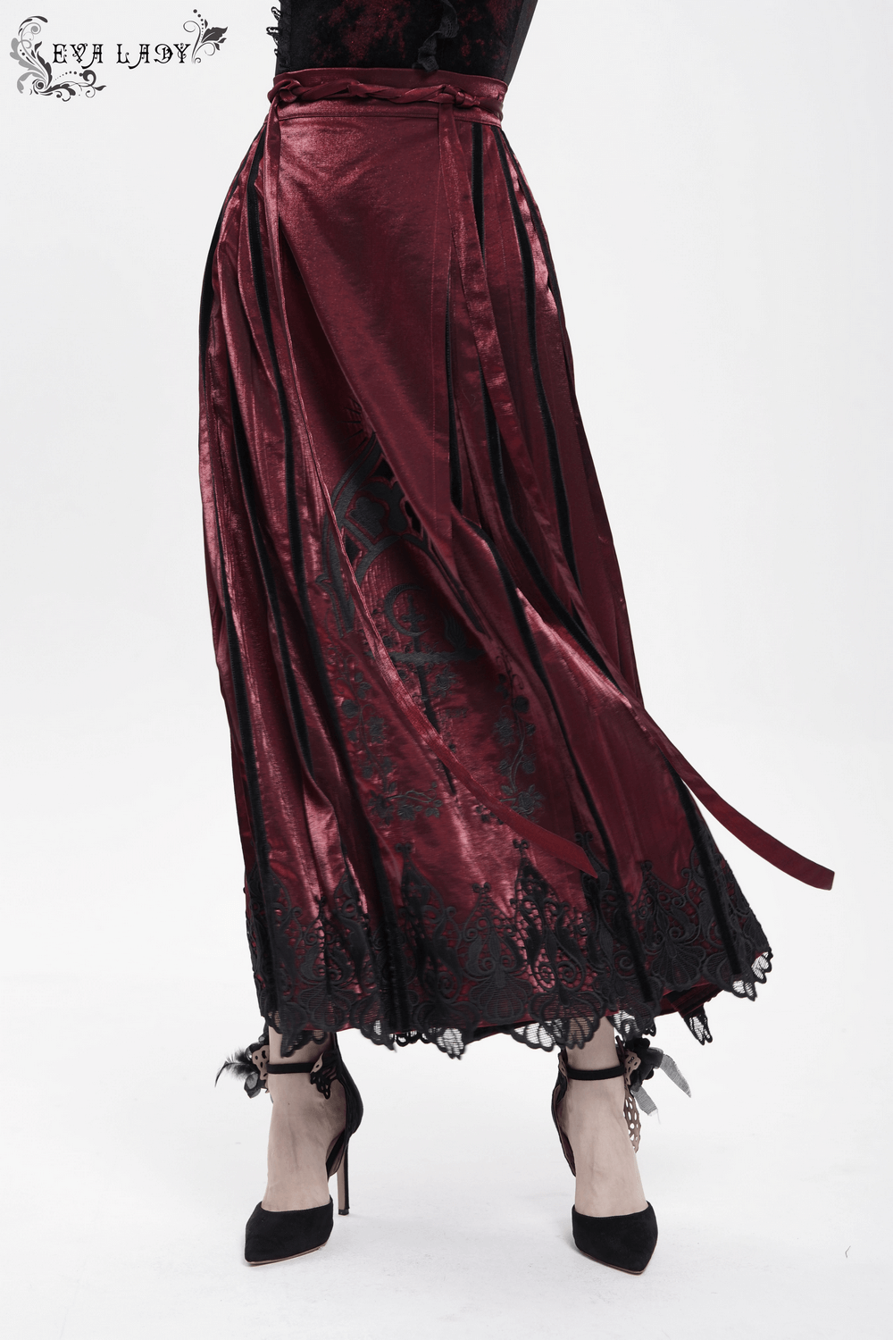 Wine Red Maxi Skirt with Black Lace Hem and Embroidery