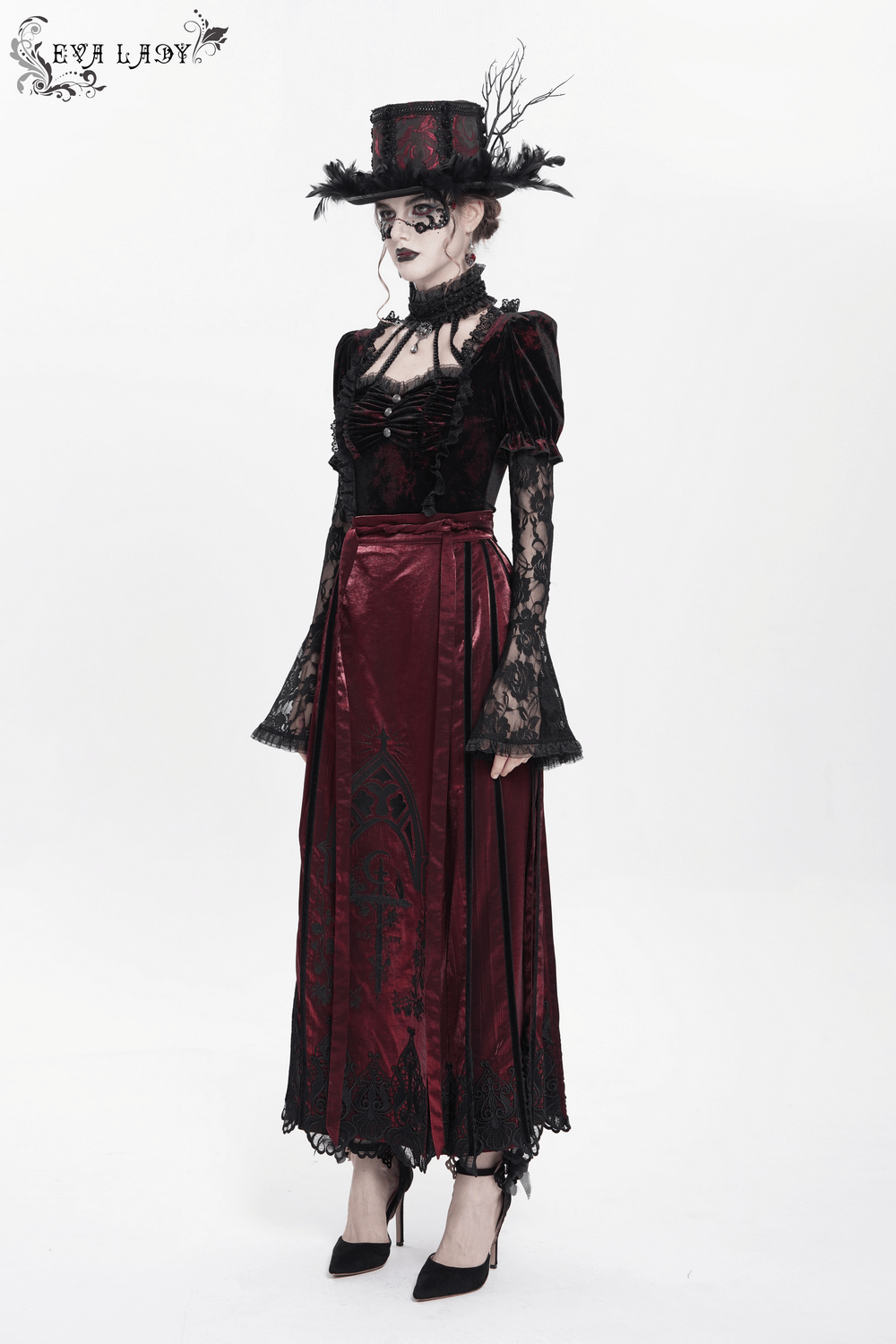 Wine Red Maxi Skirt with Black Lace Hem and Embroidery