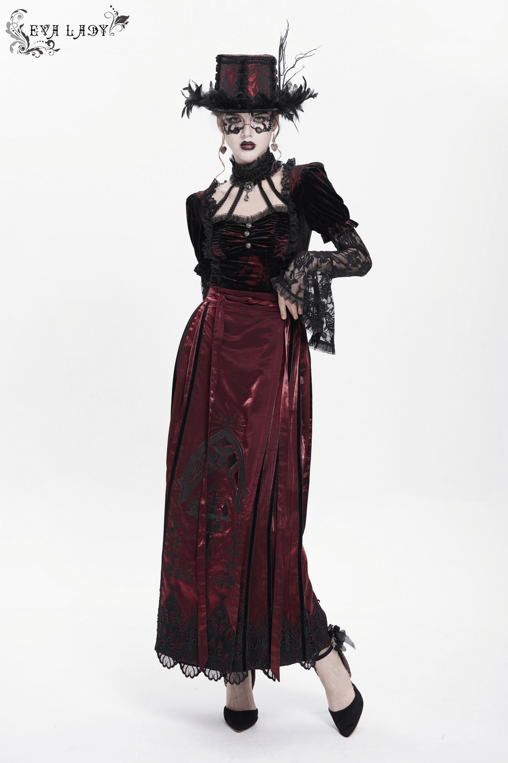 Wine Red Maxi Skirt with Black Lace Hem and Embroidery