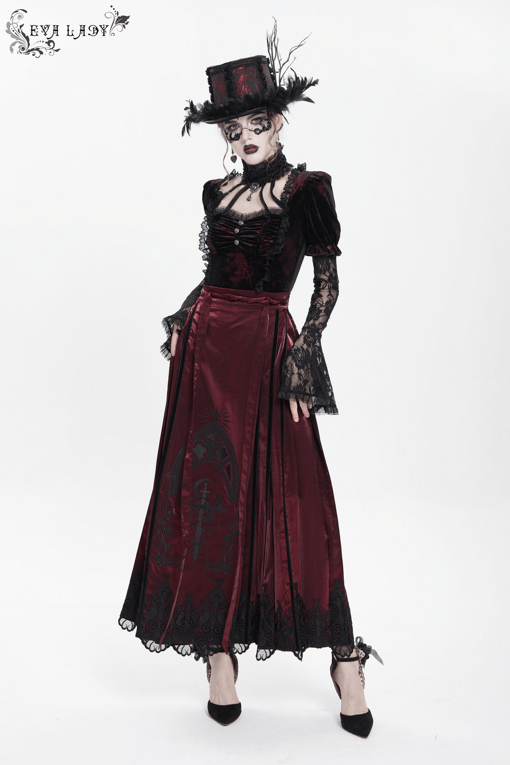 Wine Red Maxi Skirt with Black Lace Hem and Embroidery