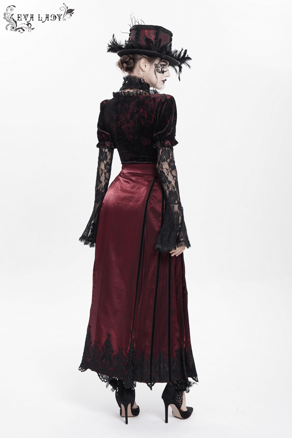 Wine Red Maxi Skirt with Black Lace Hem and Embroidery