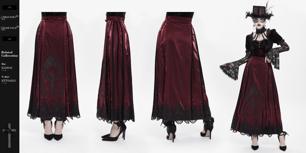 Wine Red Maxi Skirt with Black Lace Hem and Embroidery