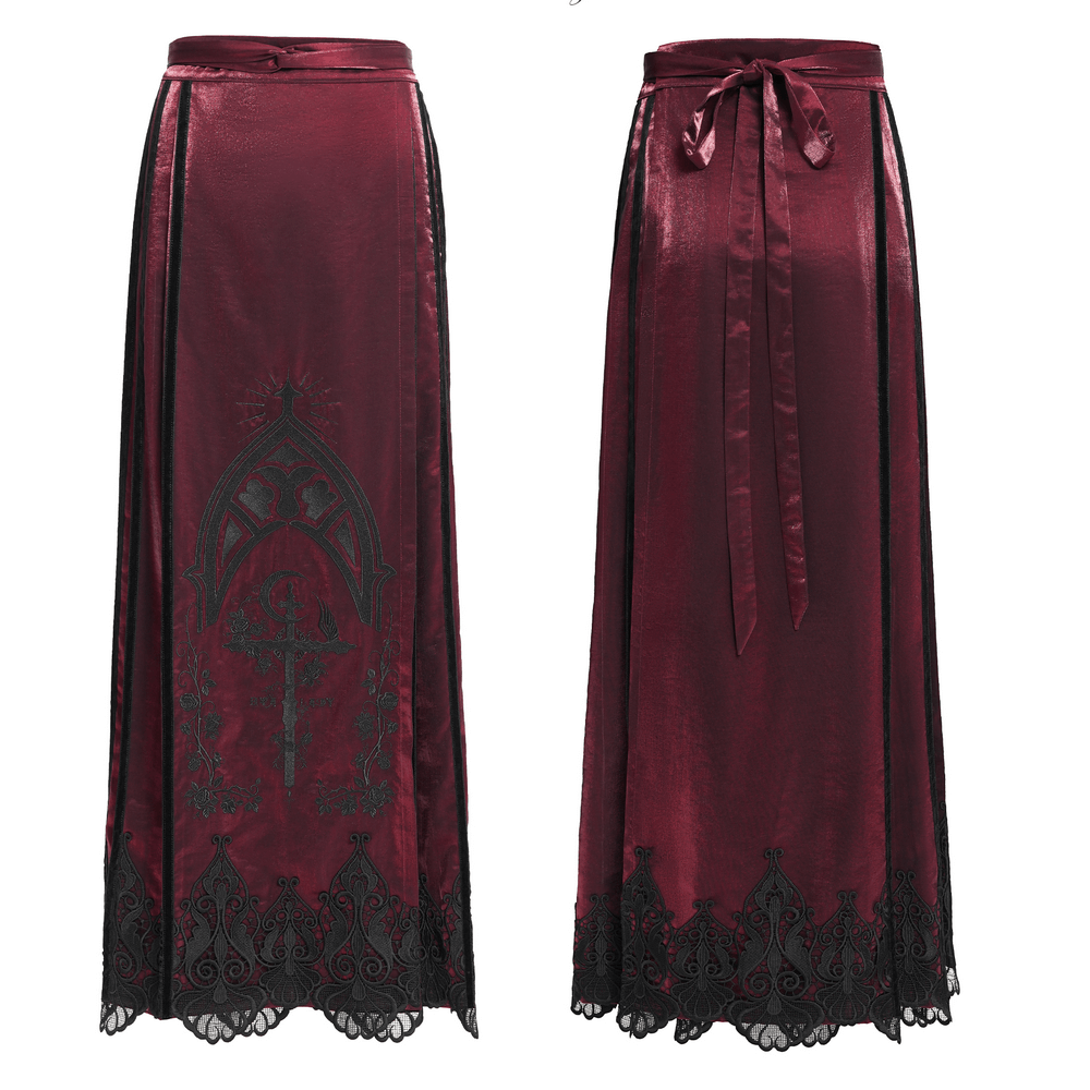 Wine Red Maxi Skirt with Black Lace Hem and Embroidery