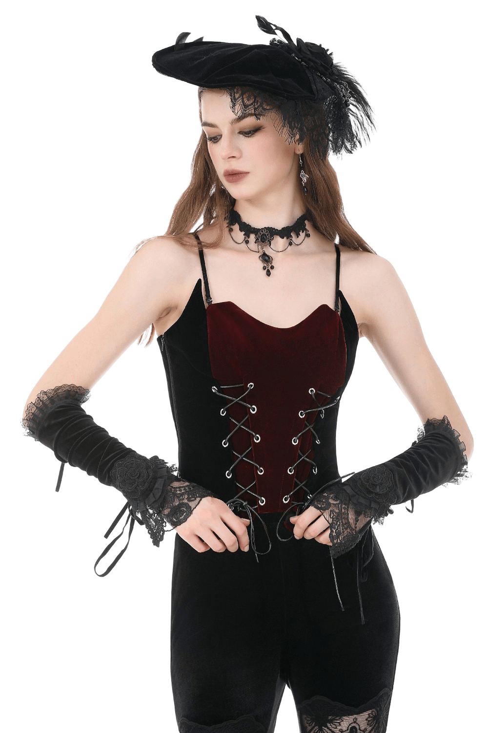 Wine Red Velvet Lace Up Gothic Corset Cami Bustier