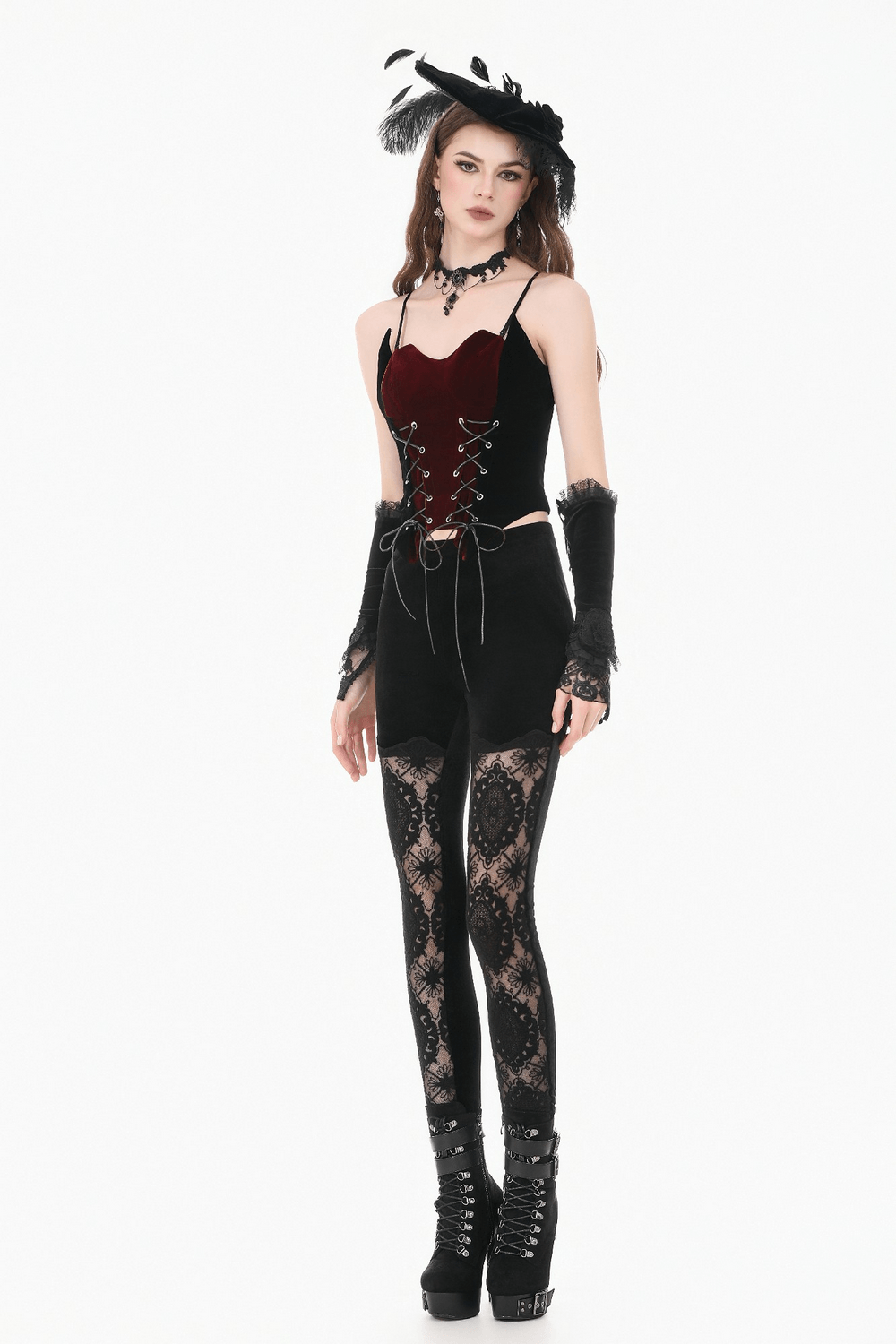 Wine Red Velvet Lace Up Gothic Corset Cami Bustier