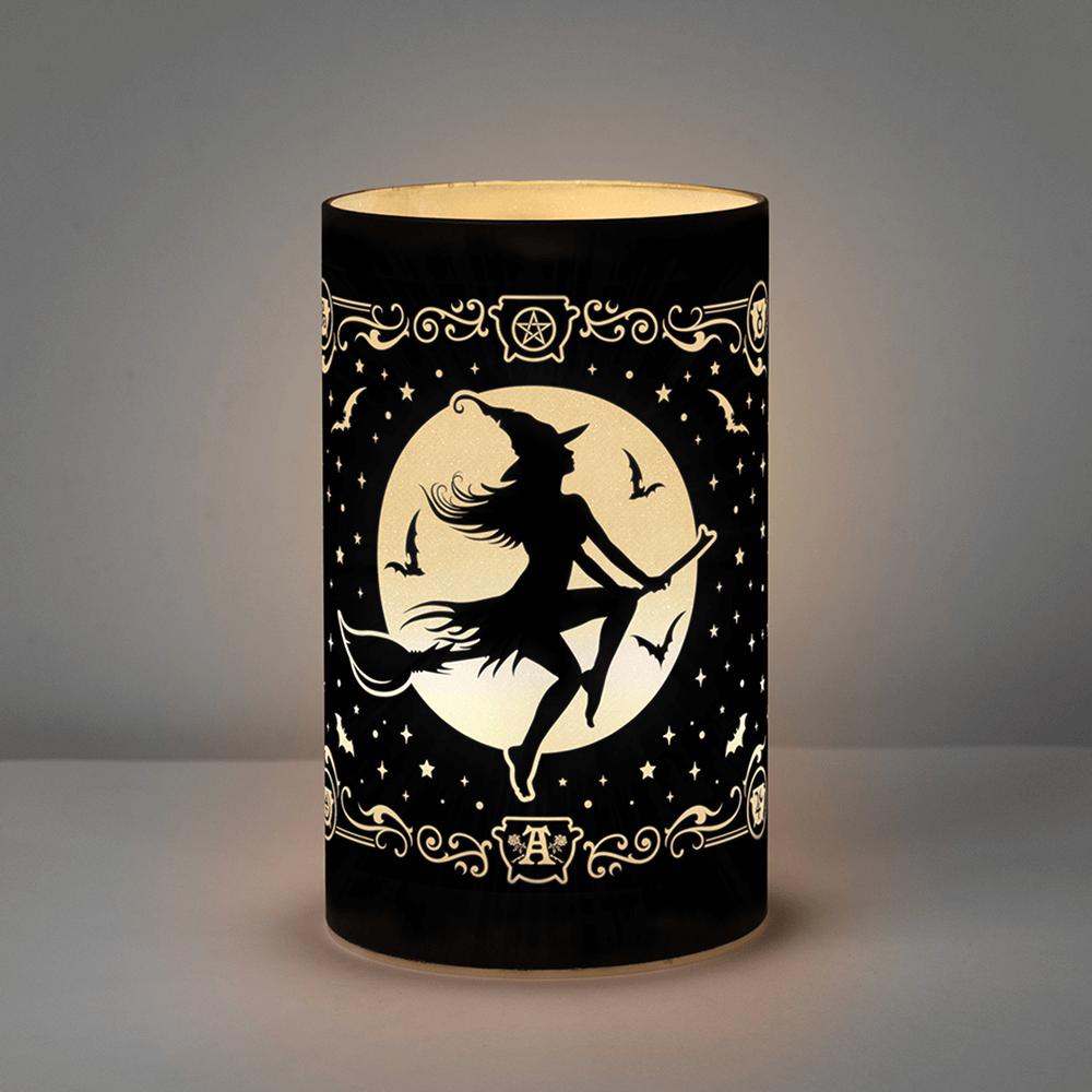 Witch and Moon Etched Glass Gothic LED Lantern