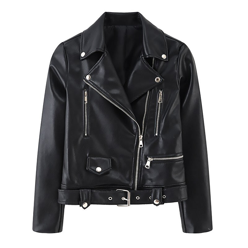 US SALE of Women Faux Leather Jacket With Belt / Biker Jackets in Classic Rock Style
