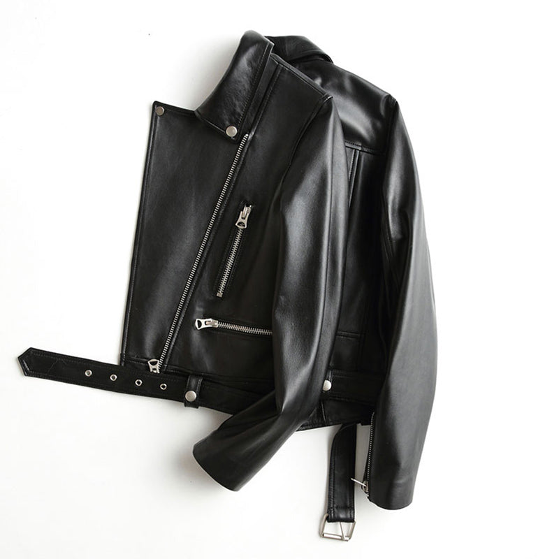 US SALE of Women Faux Leather Jacket With Belt / Biker Jackets in Classic Rock Style