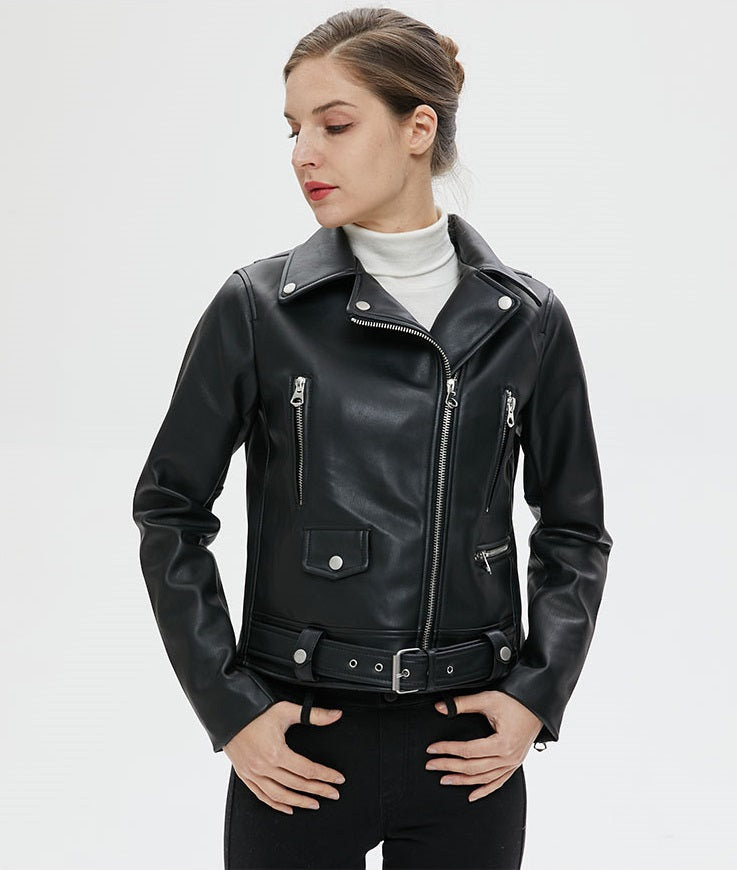 US SALE of Women Faux Leather Jacket With Belt / Biker Jackets in Classic Rock Style
