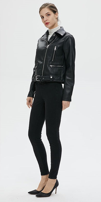 US SALE of Women Faux Leather Jacket With Belt / Biker Jackets in Classic Rock Style