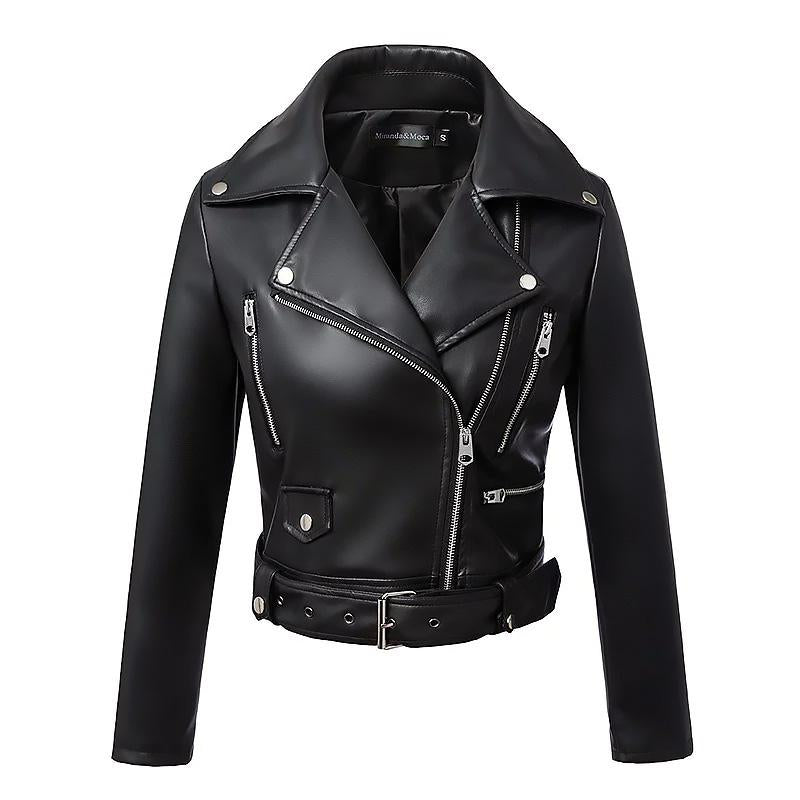 US SALE of Women Faux Leather Jacket With Belt / Biker Jackets in Classic Rock Style
