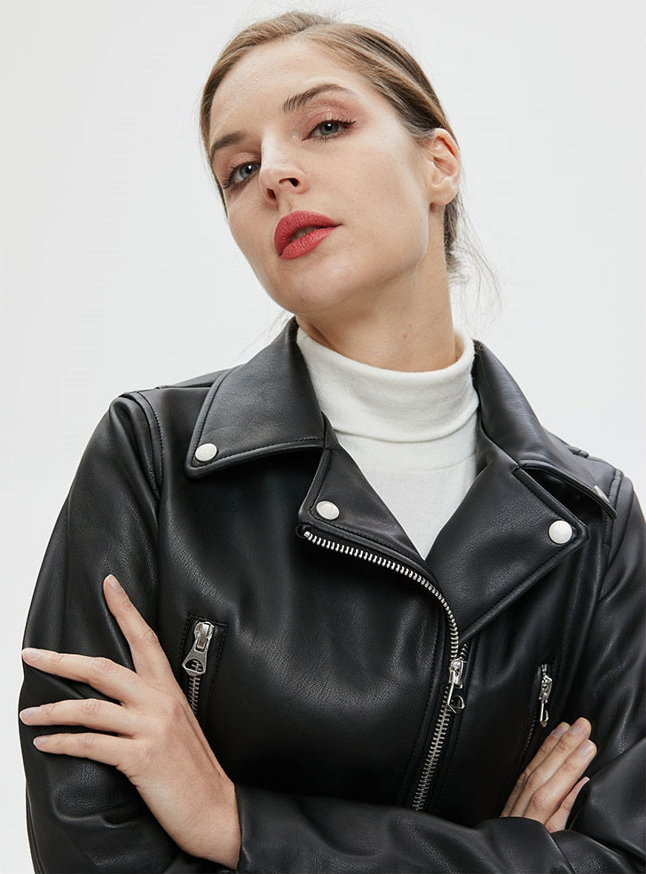 US SALE of Women Faux Leather Jacket With Belt / Biker Jackets in Classic Rock Style