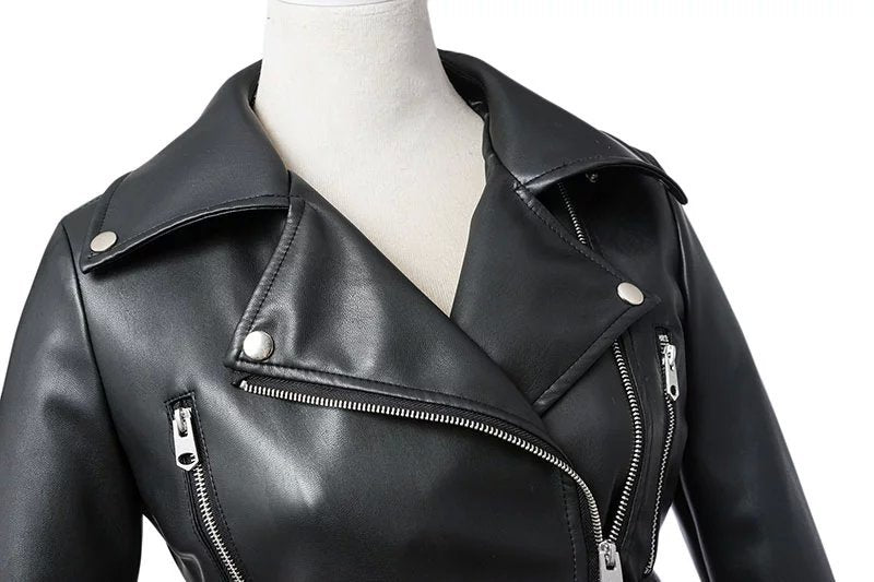 US SALE of Women Faux Leather Jacket With Belt / Biker Jackets in Classic Rock Style