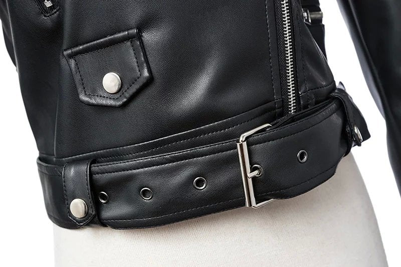 US SALE of Women Faux Leather Jacket With Belt / Biker Jackets in Classic Rock Style
