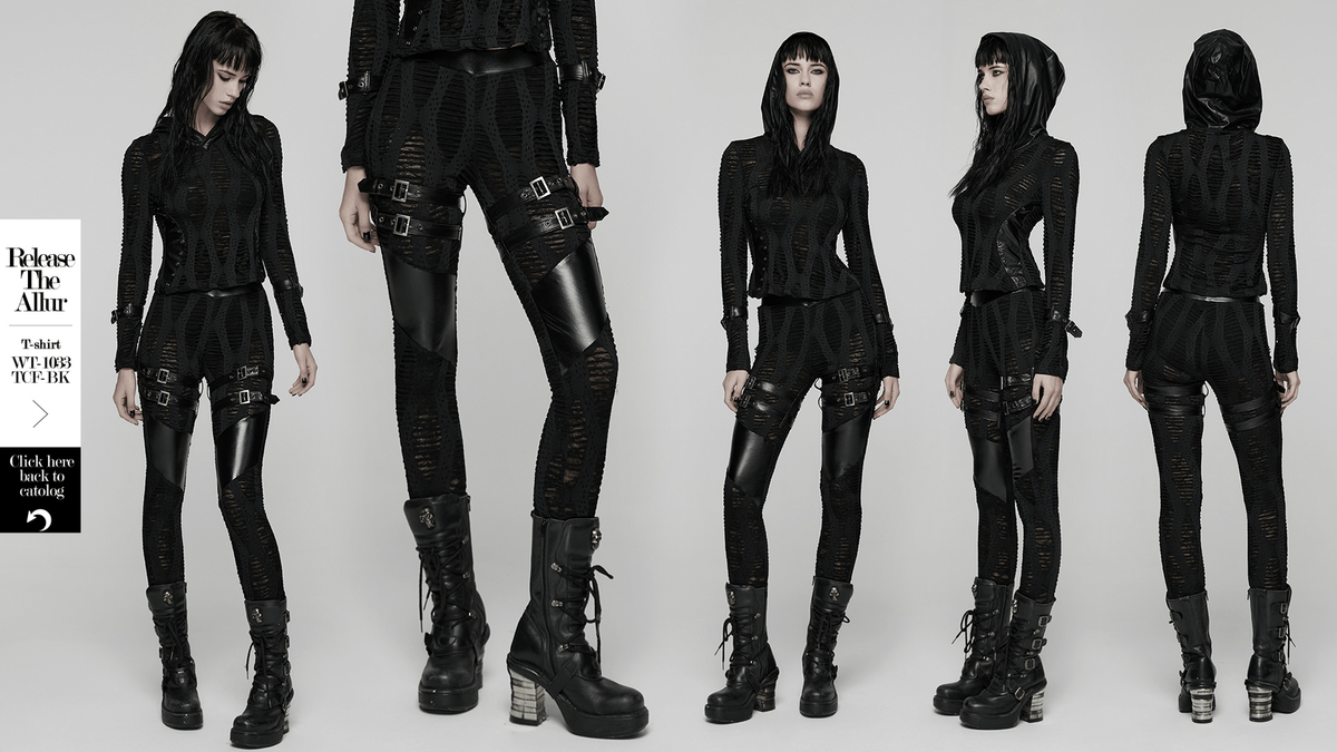 Women's Black Buckled Leggings with Textured Design