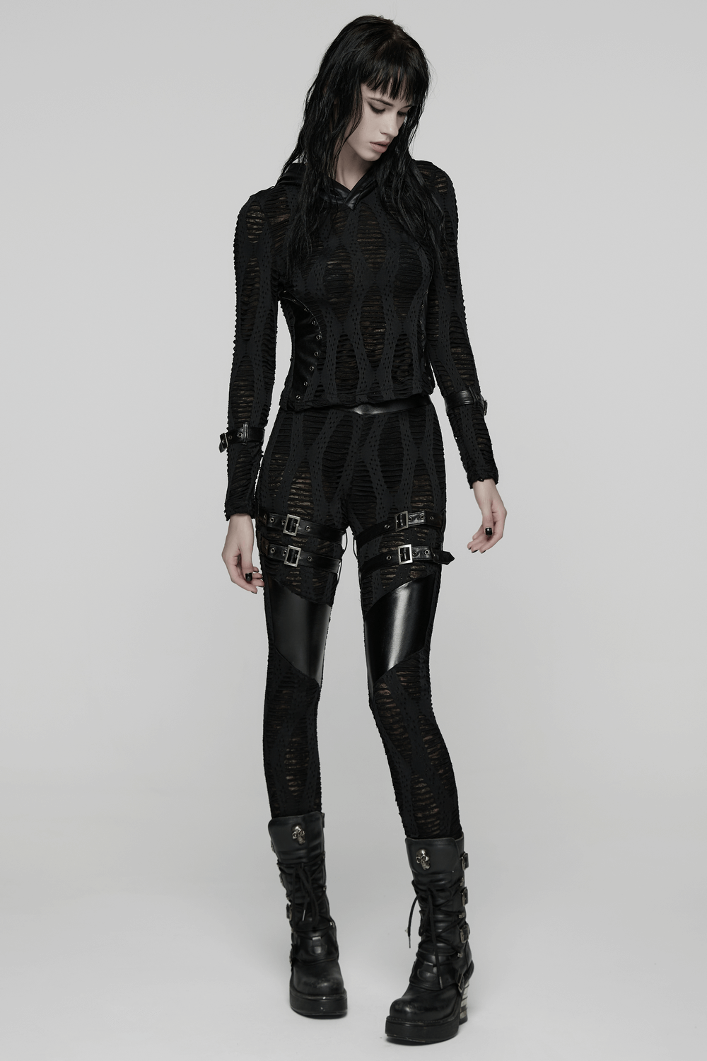 Women's Black Buckled Leggings with Textured Design